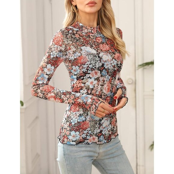 Womens Lace Mesh Top Floral Mock Neck Long Sleeve See Through Casual - Picture 5 of 6